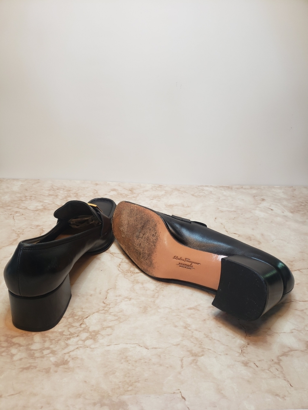 Salvatore Ferragamo Black Leather Women's Heeled Loafers with Gold Buckle 38 - Picture 6 of 6